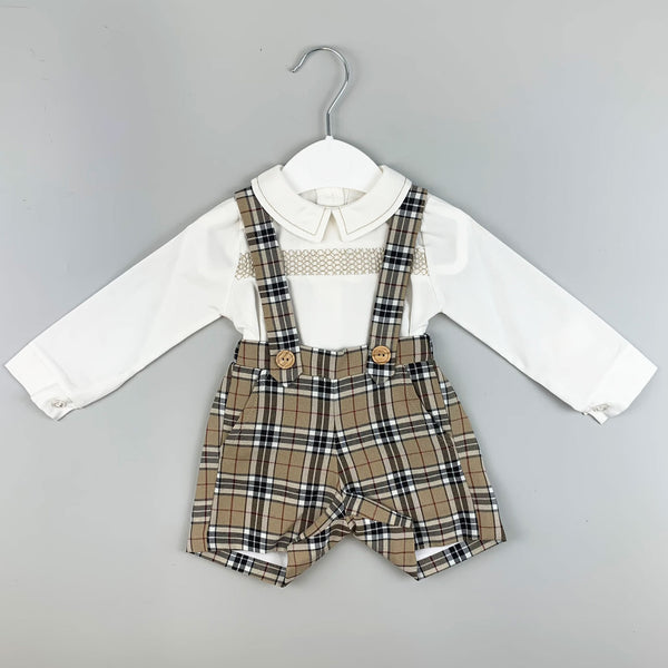 Baby Boys Beige Tartan Two Piece Outfit- Shirt and Short with Braces Set