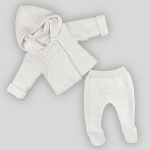 baby unisex white hooded outfit with trousers knitted set 