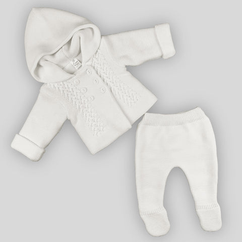 baby unisex white hooded outfit with trousers knitted set 