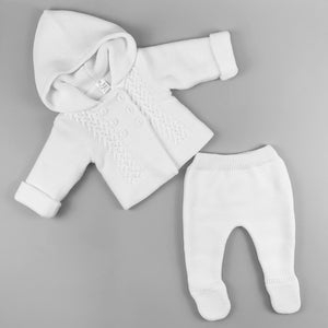 baby unisex white hooded outfit with trousers knitted set 