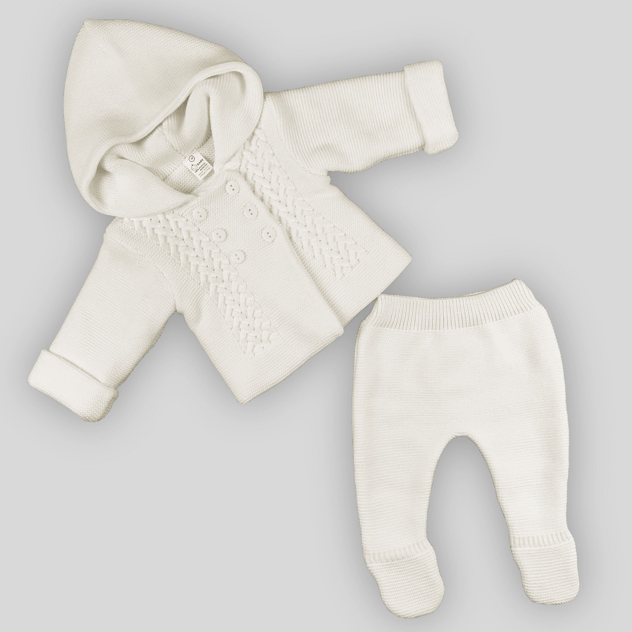 baby unisex white hooded outfit with trousers knitted set 