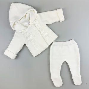 baby unisex white hooded outfit with trousers knitted set 