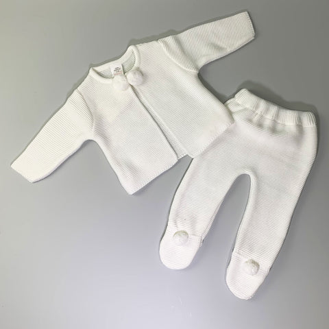 Unisex 2 Piece Knitted Baby Outfit - Trousers & Jacket - White