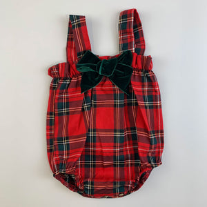 Baby Girls Red Tartan Romper with Velvet Bow - Calamaro 32464