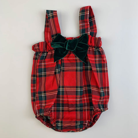 Baby Girls Red Tartan Romper with Velvet Bow - Calamaro 32464