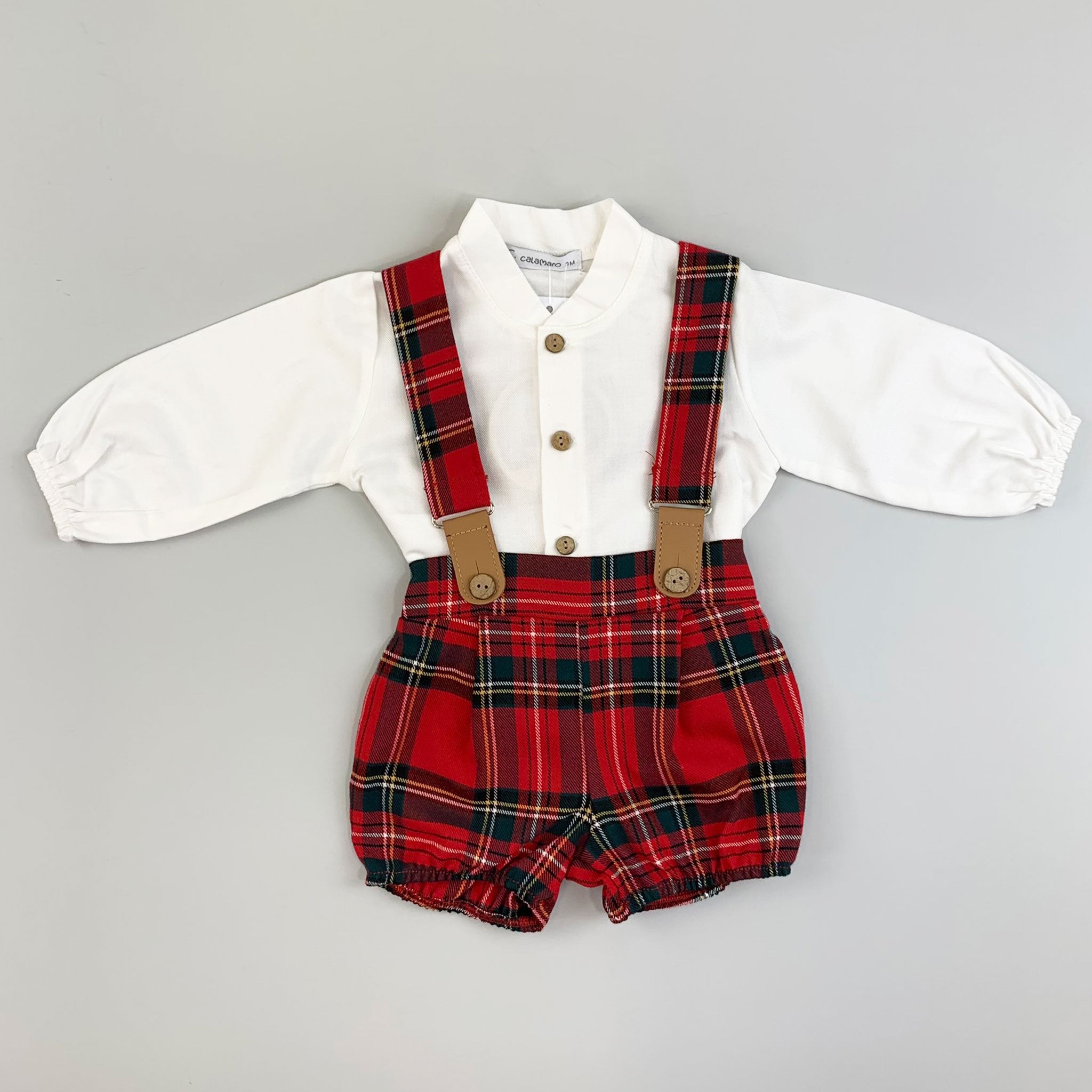 baby boys tartan shorts with bracces and white shirt