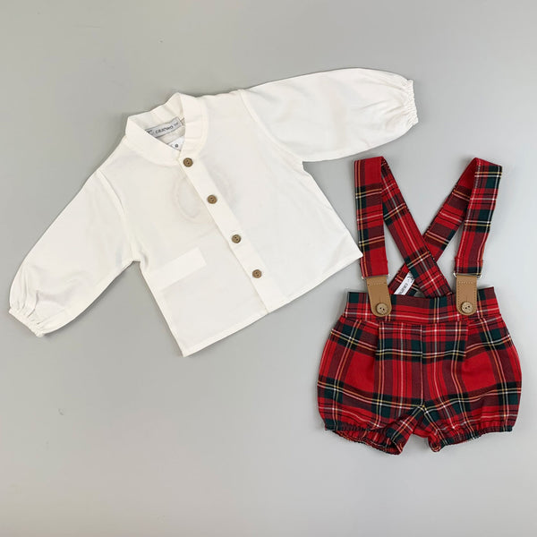 Baby Boys Shirt and Tartan Shorts with Braces - Red - Calamaro 11092