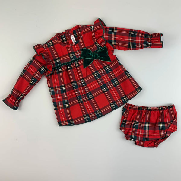 Baby Girls Traditional Red Tartan Dress with jam pants - Calamaro 22074