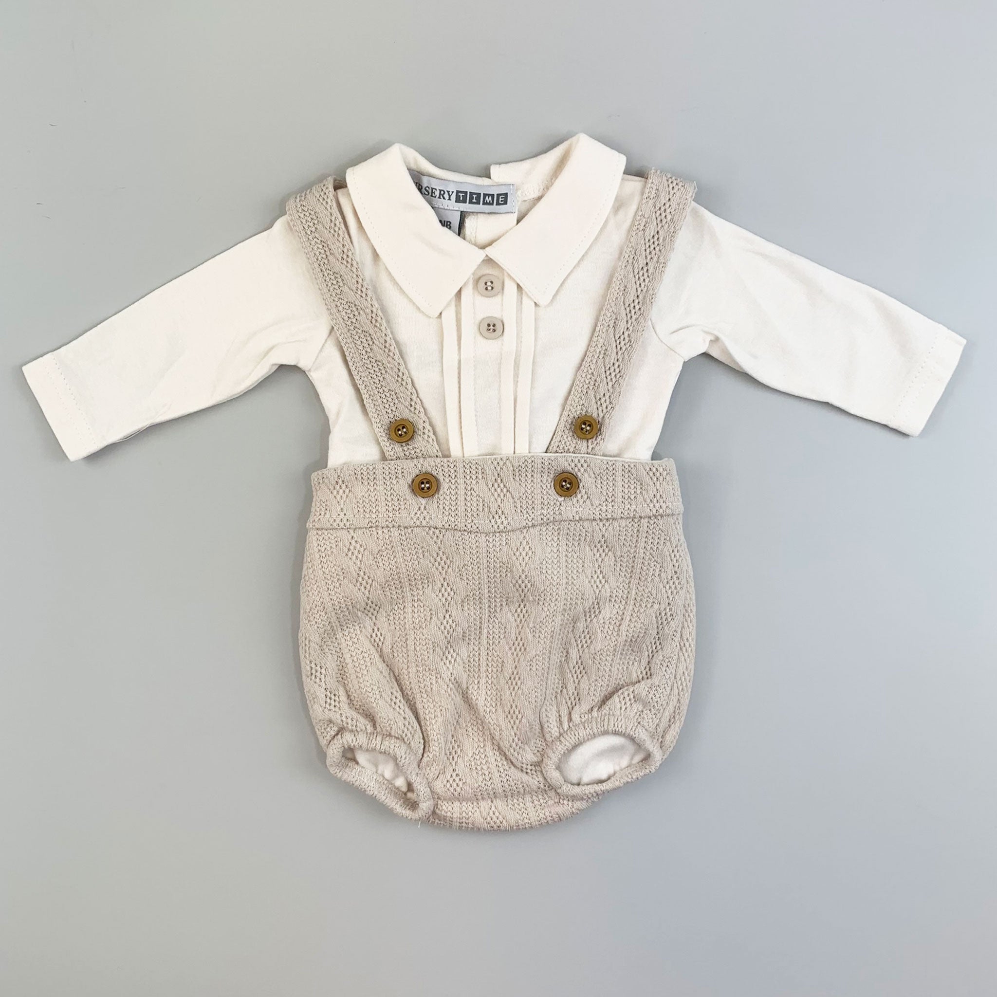 Baby Boys Beige Knitted Outfit - Jam Pants, Braces and Collared Top