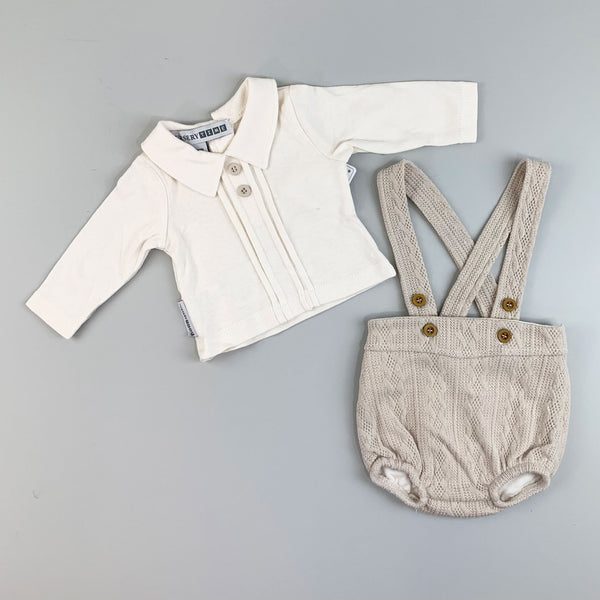 Baby Boys Beige Knitted Outfit - Jam Pants, Braces and Collared Top