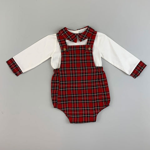 Baby Boys Red Tartan dungaree jam pants and Shirt Set