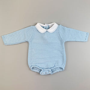 baby boys blue knitted romper with white peter pan collar