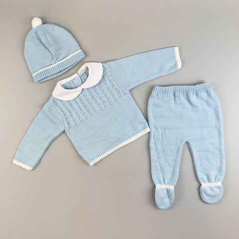 Baby Boys 3 Piece Knitted Outfit - Jumper, Bottoms and Hat