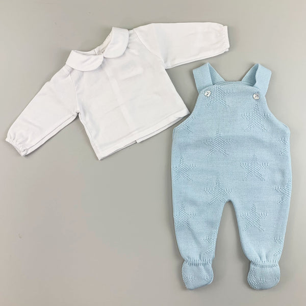 Baby Boys Blue Knitted Dungarees and Shirt - Star Design