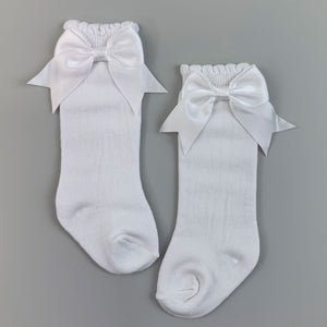 Baby Girls White Knee High Socks with a Satin Bow