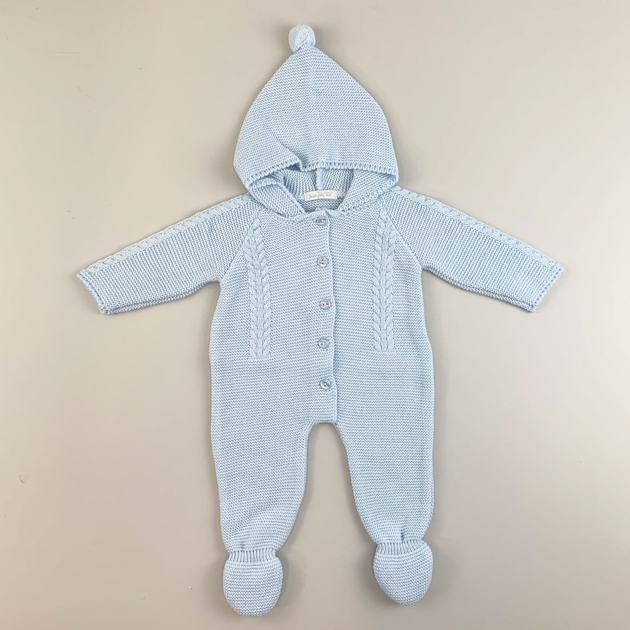 baby boys knitted all in one pramsuit with hood