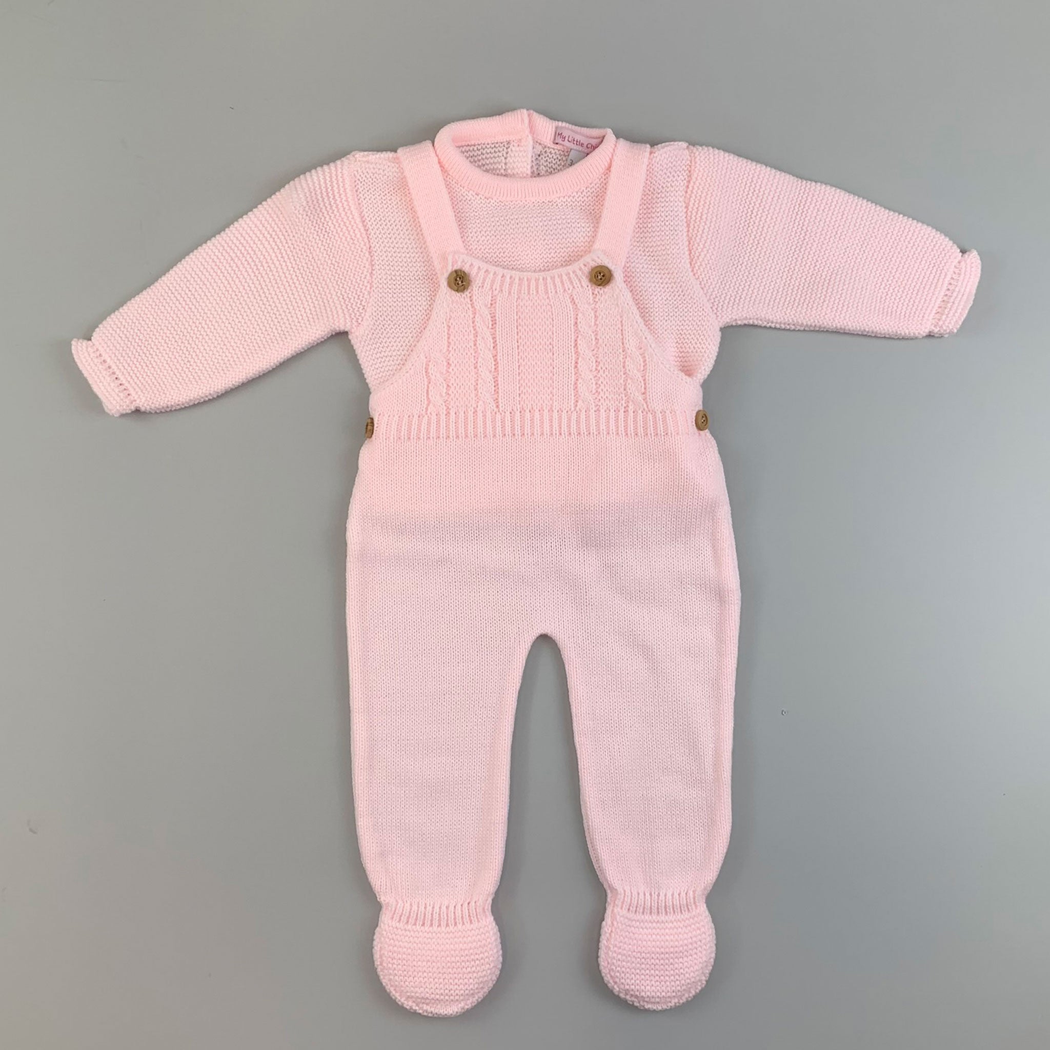 Baby Girls Pink Knitted Dungarees and Shirt Outfit