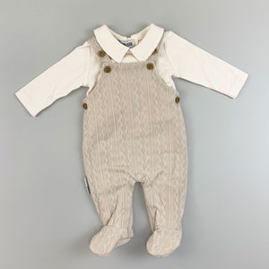 baby boys 2 piece knitted outfit dungarees and shirt in beige