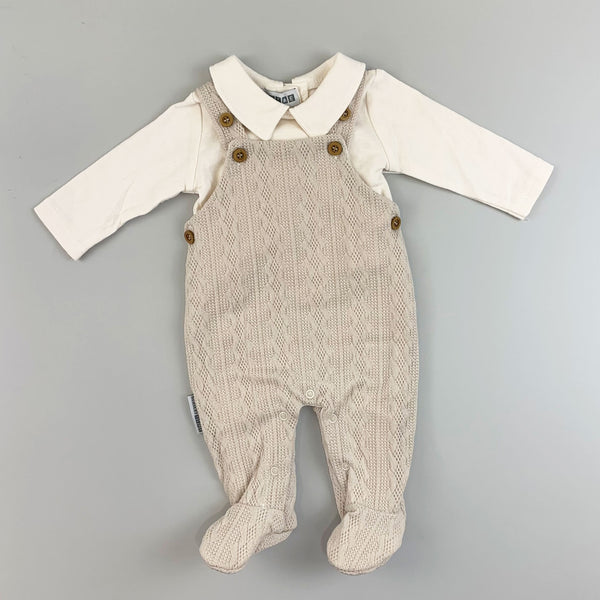 baby boys 2 piece knitted outfit dungarees and shirt in beige