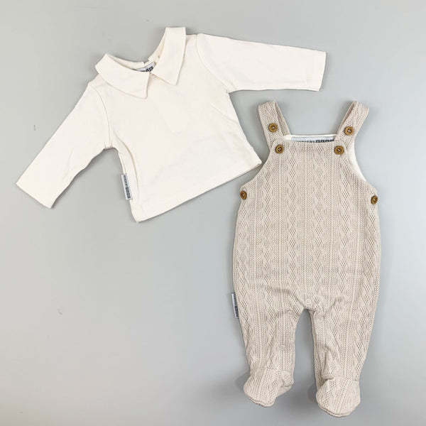 Baby Boys Beige Knitted Outfit - Dungarees and Shirt