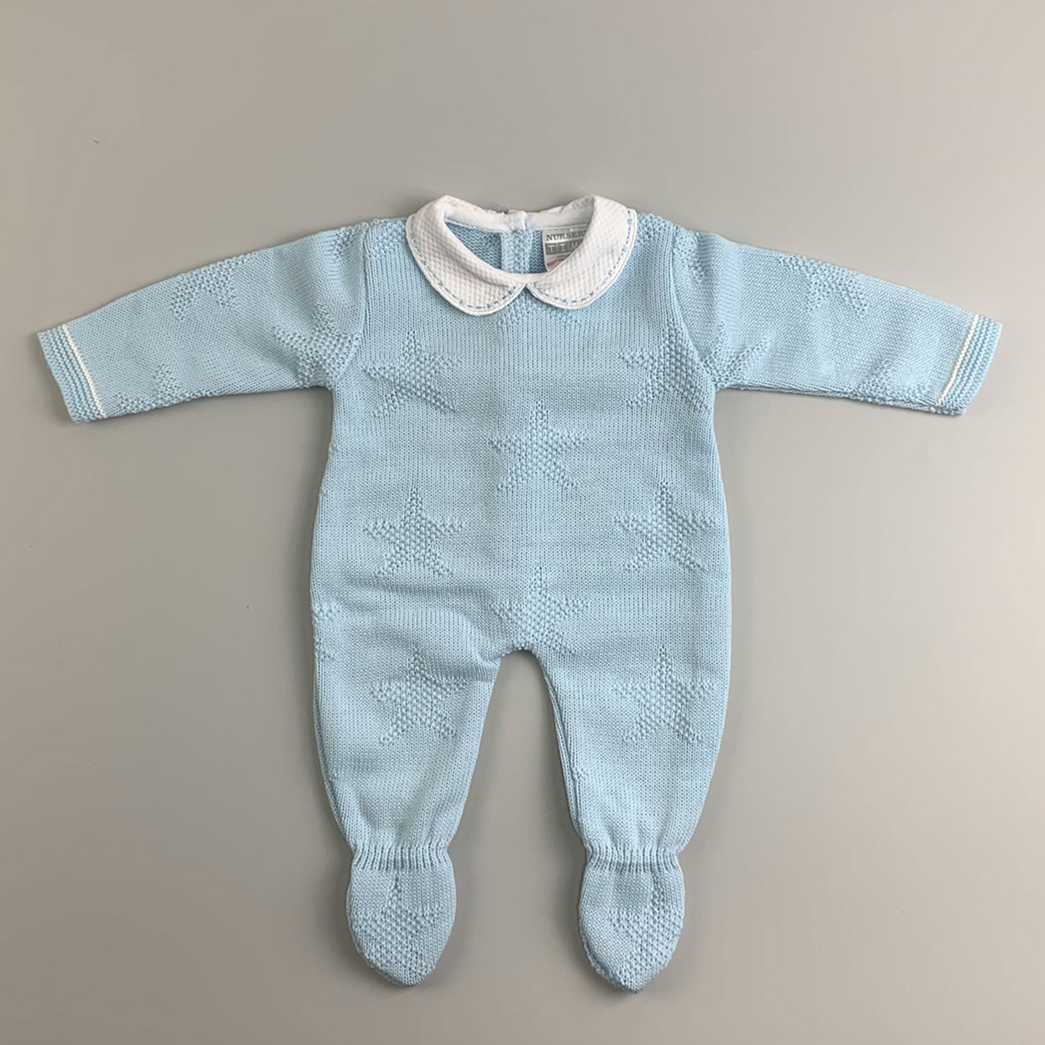 Baby Boys Knitted romper with White Collar - Blue