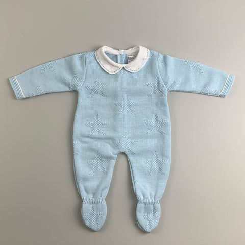 Baby Boys Knitted romper with White Collar - Blue