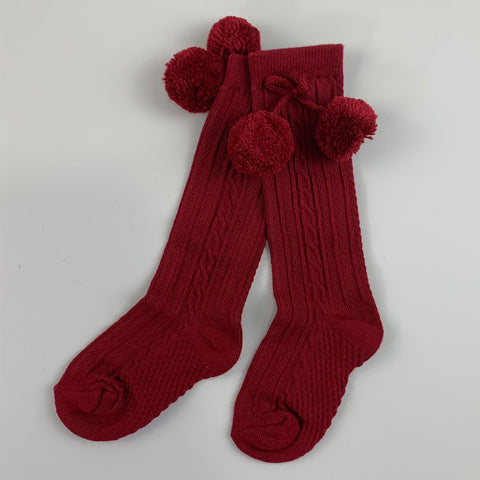 Baby Unisex Burgundy Pom Pom Knee High Socks