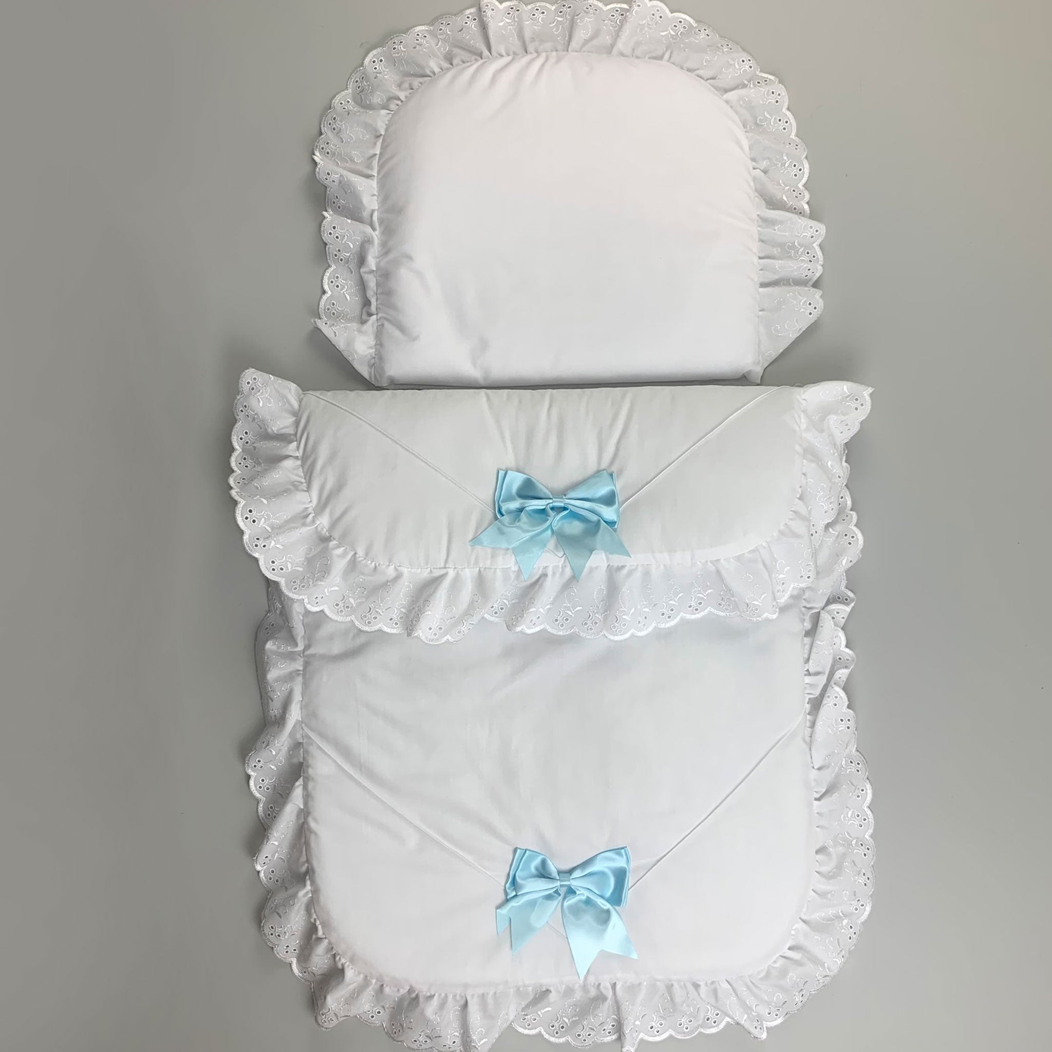 Pram set - Quilt and Pillow - White with Blue Bows