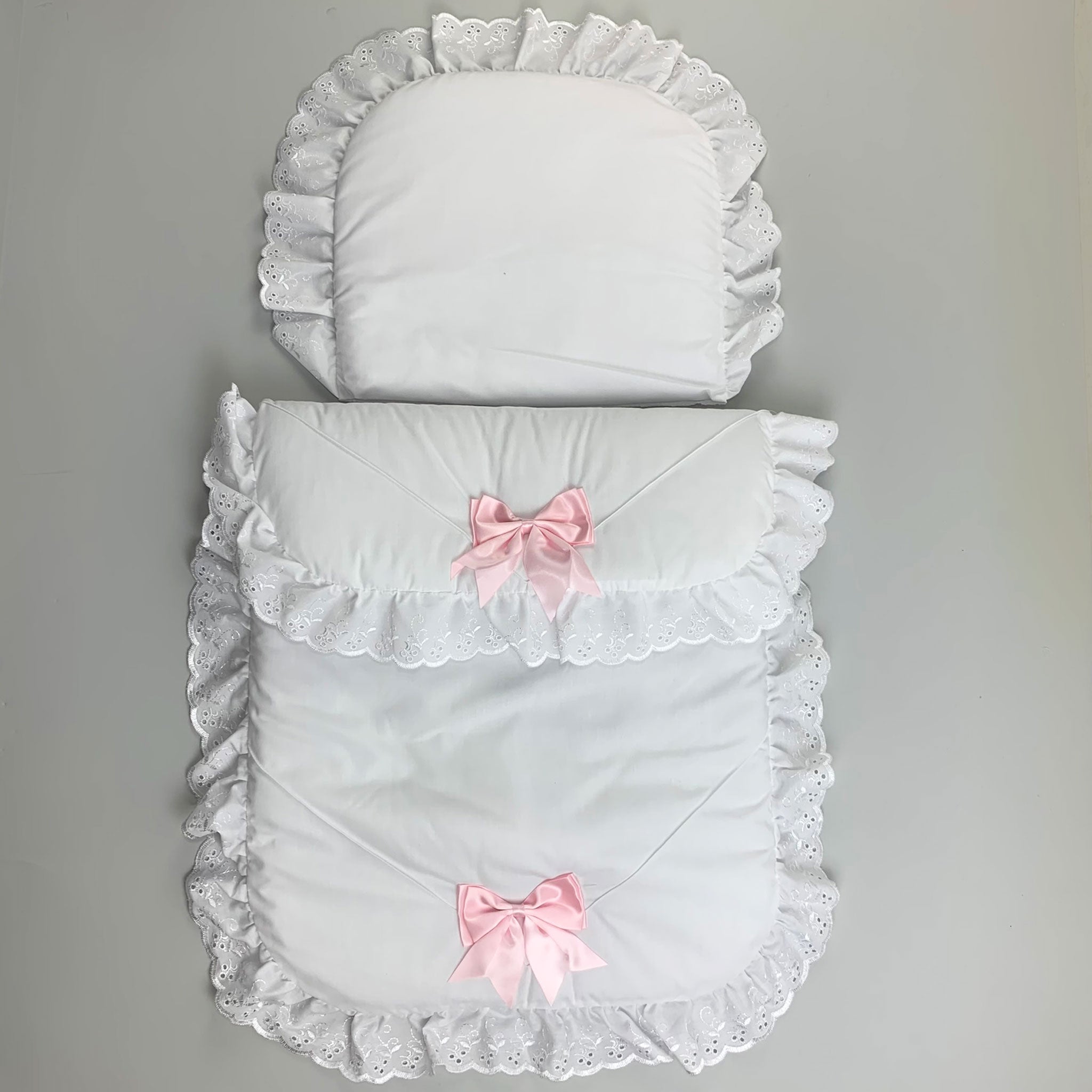 Baby Girls White Pram set with Pink Satin Bow Lullaby Lane Baby Shop