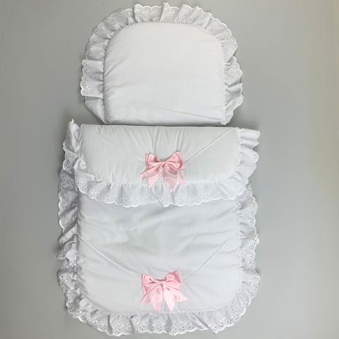 Baby Girl Pram Set - Quilt & Pillow - White / Pink