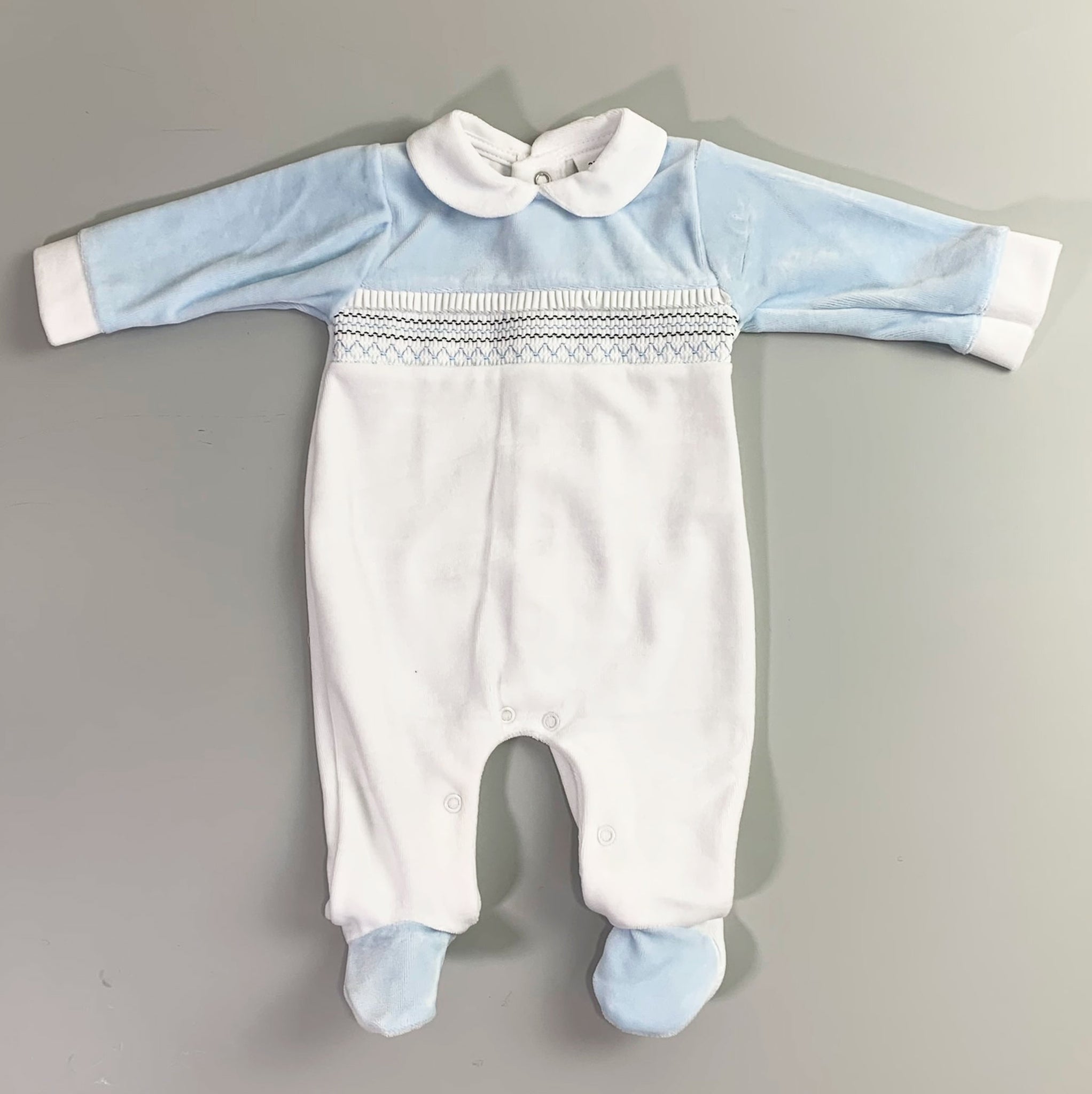 Baby Boys Velour Sleepsuit with smocking and  Trim - Blue