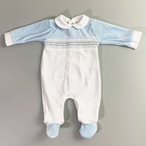 Baby Boys Velour Sleepsuit with smocking and  Trim - Blue