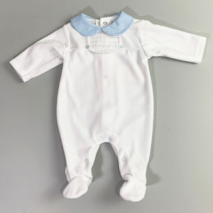 Baby Boys Velour Sleepsuit with Pin Tuck Trim - White