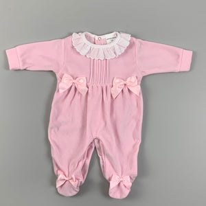 Baby Girls Pink Velour Sleepsuit with bows - Little Nosh