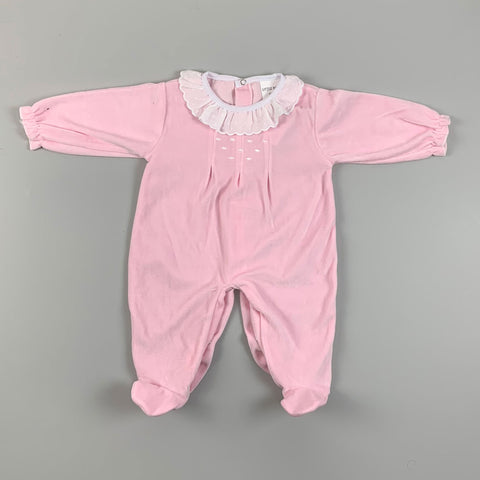 Baby Girls Pink Velour Sleepsuit with white satin polka dots - Little Nosh