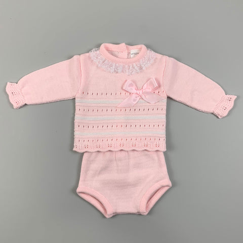 Baby Girl Knitted Two Piece Outfit - Pink Bow