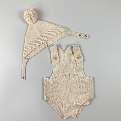 Baby Boys Two Romper and Hat Outfit - Beige