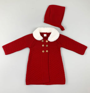 Baby Girls Red Knitted Coat - Faux Fur Collar with Bonnet