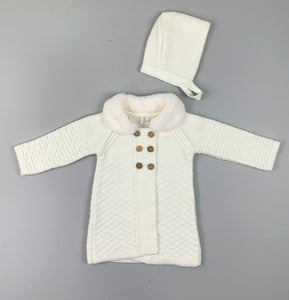 Baby Girls White Knitted Coat - Faux Fur Collar with Bonnet