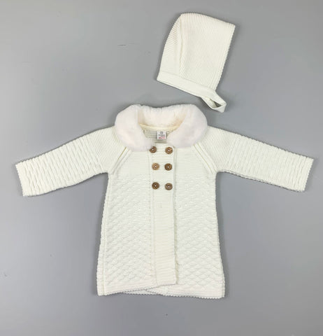 Baby Girls White Knitted Coat - Faux Fur Collar with Bonnet