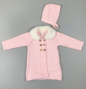 Baby Girls Pink Knitted Coat - Faux Fur Collar with Bonnet