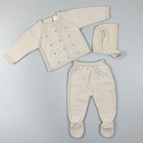 Baby  3 Piece Knitted Set - Trousers, Top & Hat - Beige