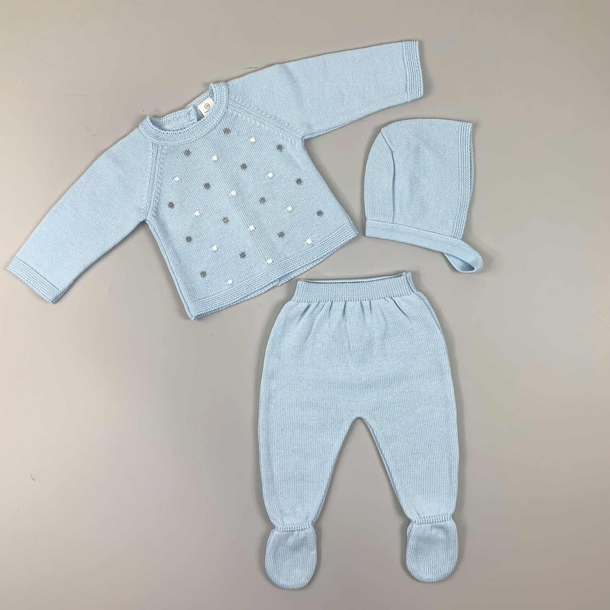 Baby Blue 3 Piece Knitted Set - Trousers, Top & Hat - Blue