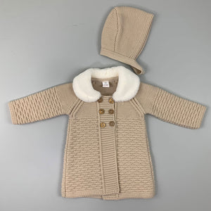 Baby Girls Beige Knitted Coat - Faux Fur Collar with Bonnet