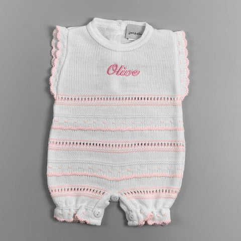 baby girls white pink knitted personalised romper