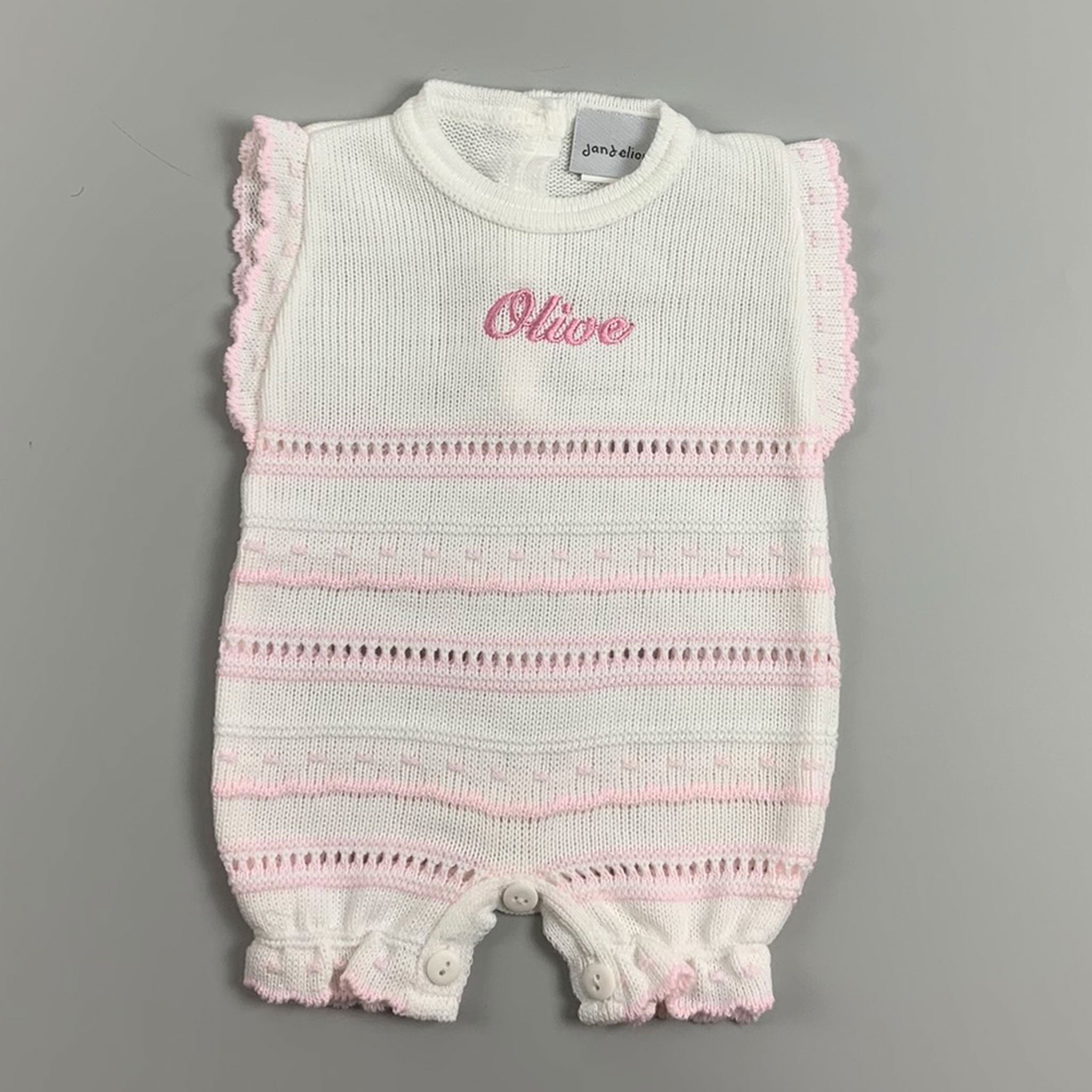 Personalised Baby Girls White and Pink Knitted Romper