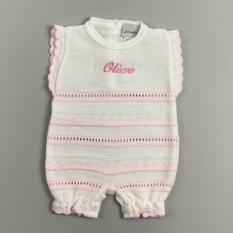 Personalised Baby Girls White and Pink Knitted Romper