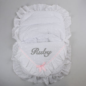 baby girls white and pink car seat cosy toes