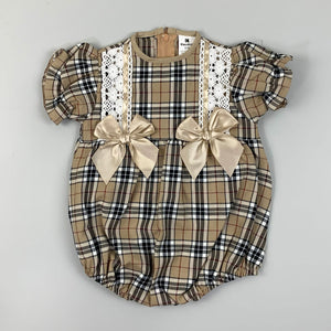 baby girls beige tartan romper