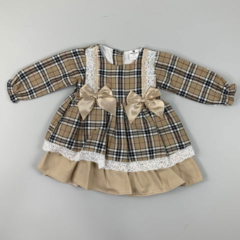 Baby Girls Beige Tartan Dress with Two Bows